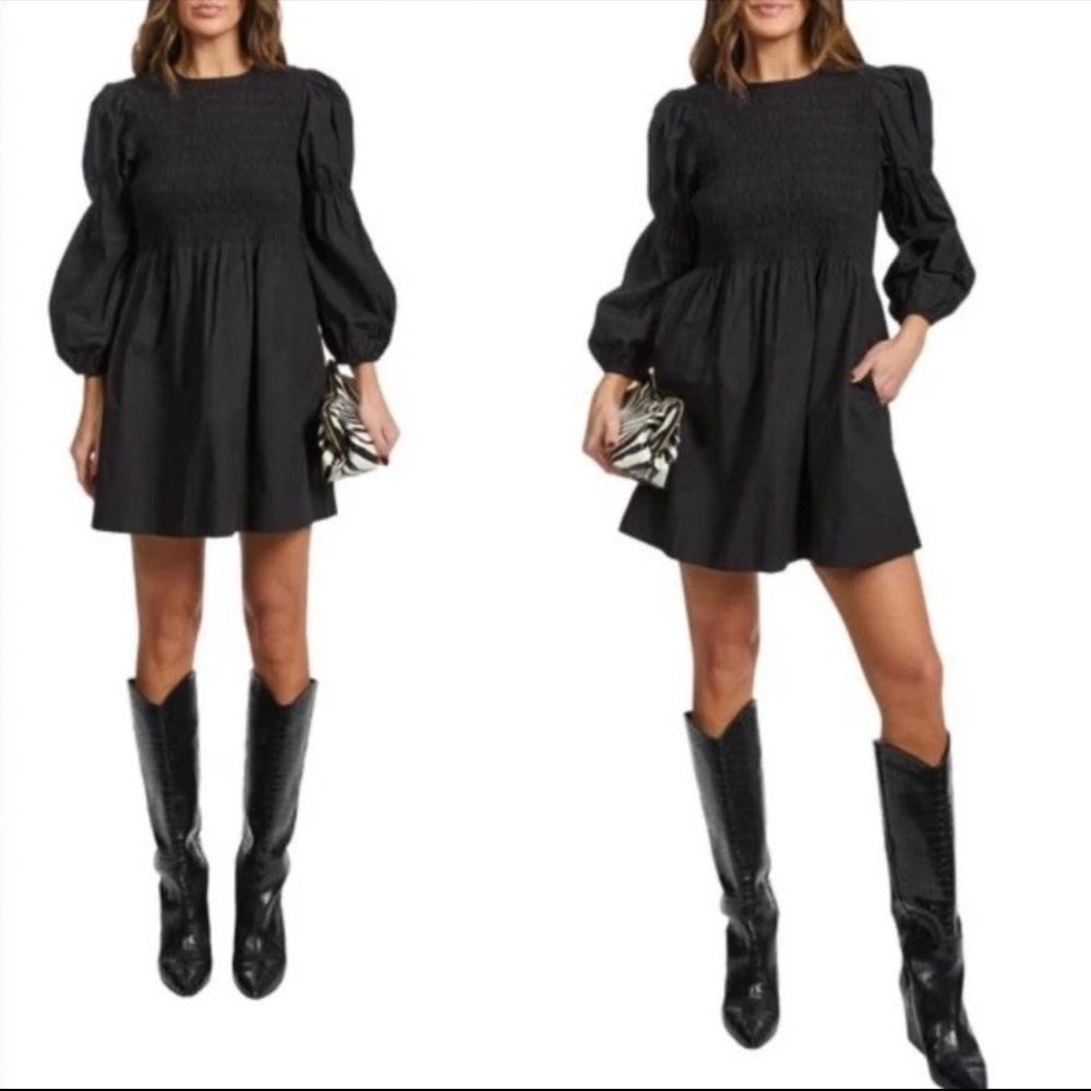 Nwt GANNI Black Organic Cotton Poplin Smocked Mini Dress Size 42 Large
